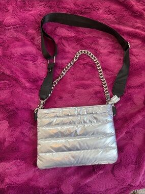 Metallic Silver Quilted Crossbody Bag with Chain and Webbing Strap